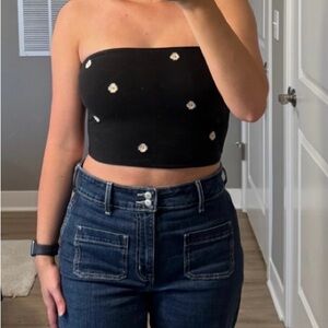 Reversible Black Strapless Crop Top with Floral Accents